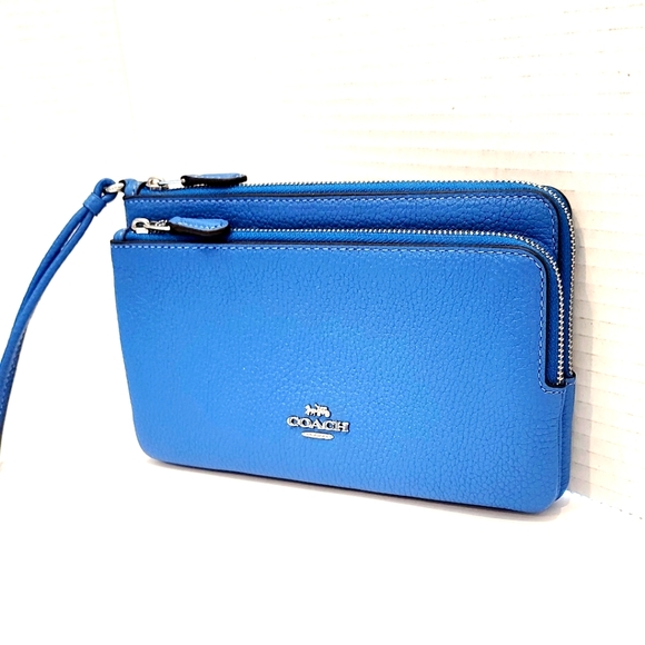 Coach Handbags - Coach Double Zipper Blue Leather Wallet Women's Wristlet